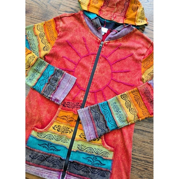 Greater Good Network Tops - Greater Good Network Patchwork ZipUp Red Hoodie Indie Sleaze Y2K Sun Tribal L/XL